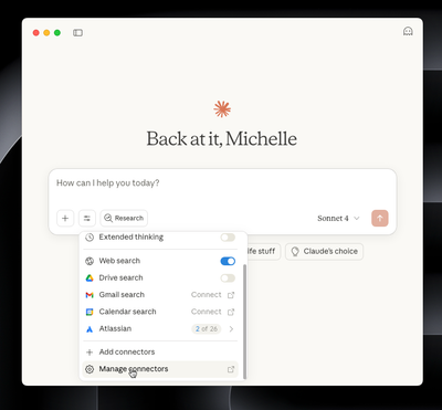 The "Manage Connectors" option of Claude Desktop's Search and Tools menu